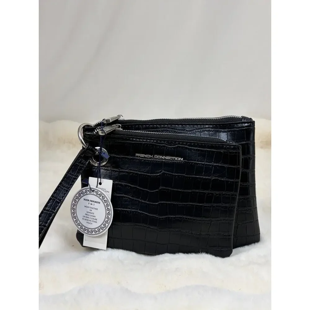 French Connection Black Croco Dale Double Slim Pouches Wristlet 2-in-1‎ NWT Chic